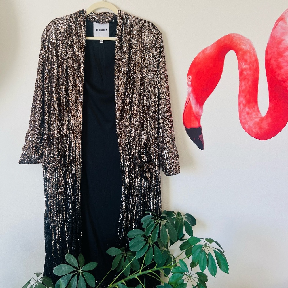 BB Dakota by Steve Madden Ombré Sequin Black and Rose Gold Duster Jacket